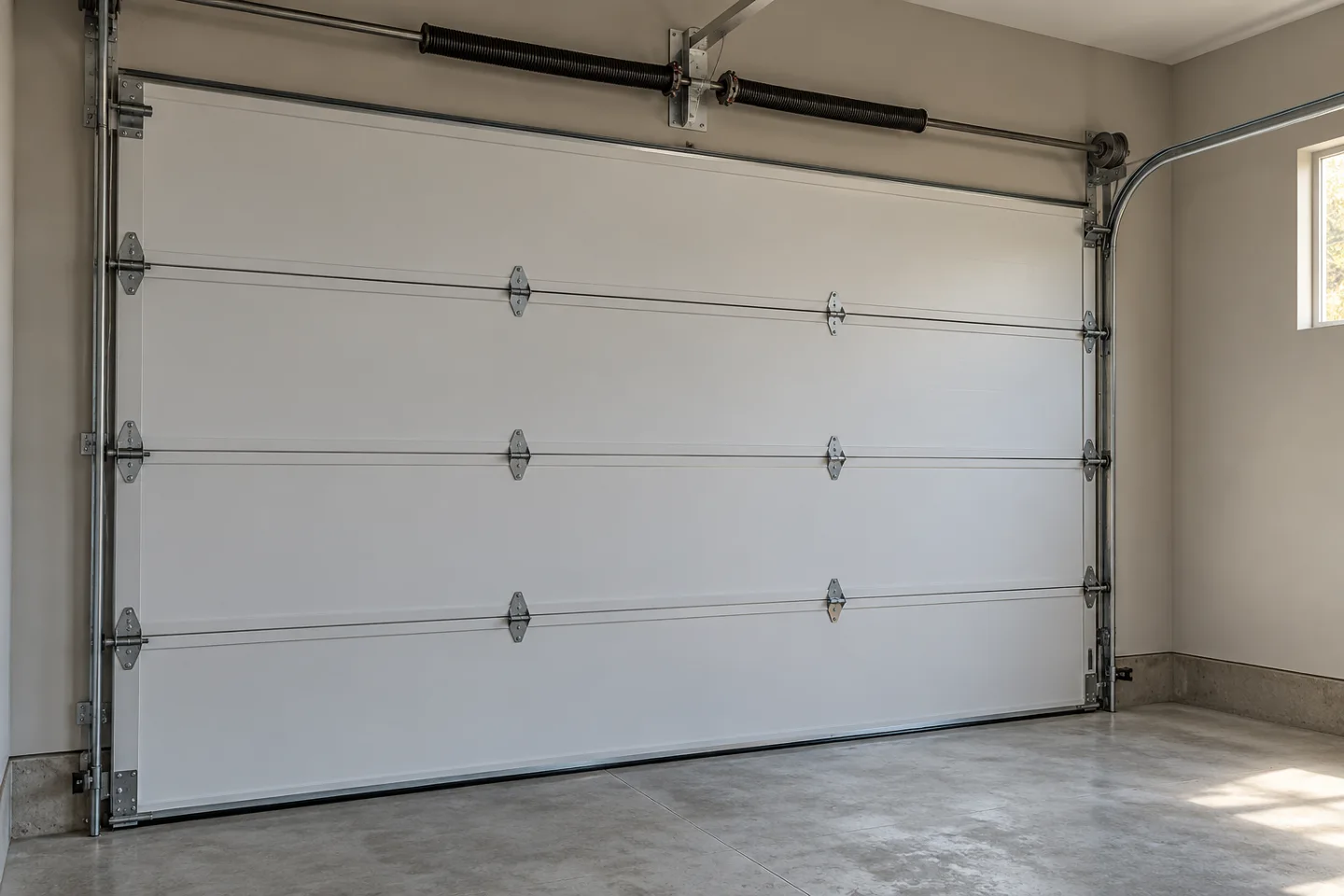 Representative sectional garage door viewed from inside, with tracks and torsion hardware